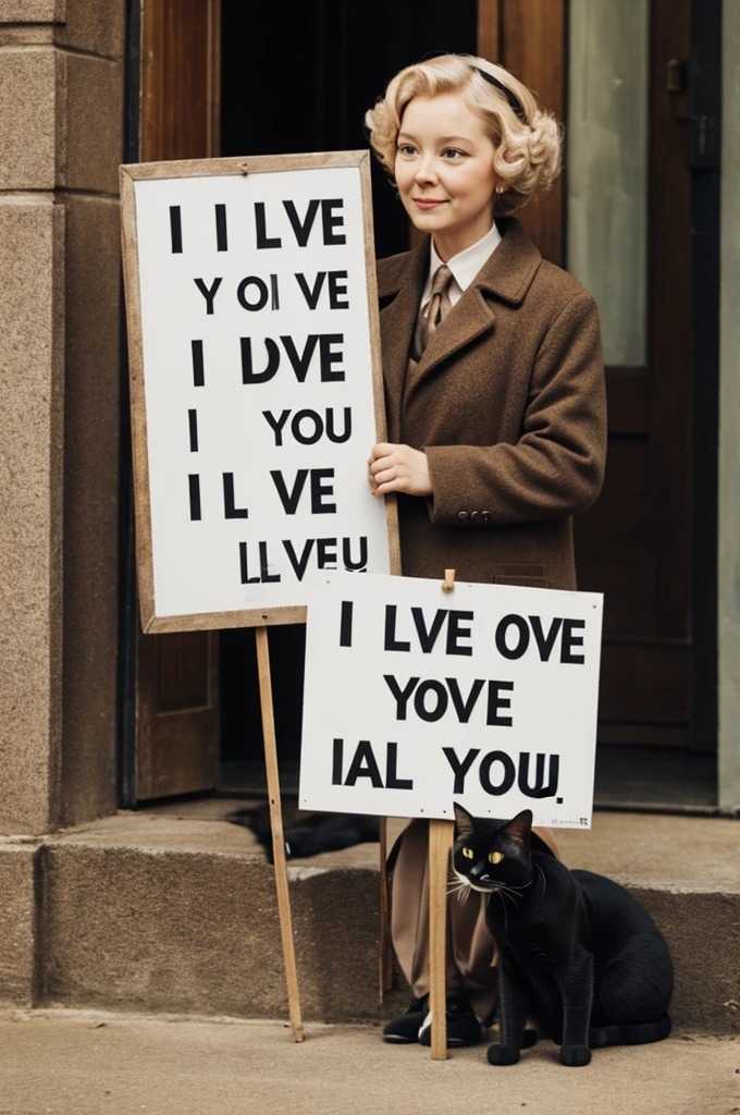 A cat with a sign " Pearl I love you my darling" 