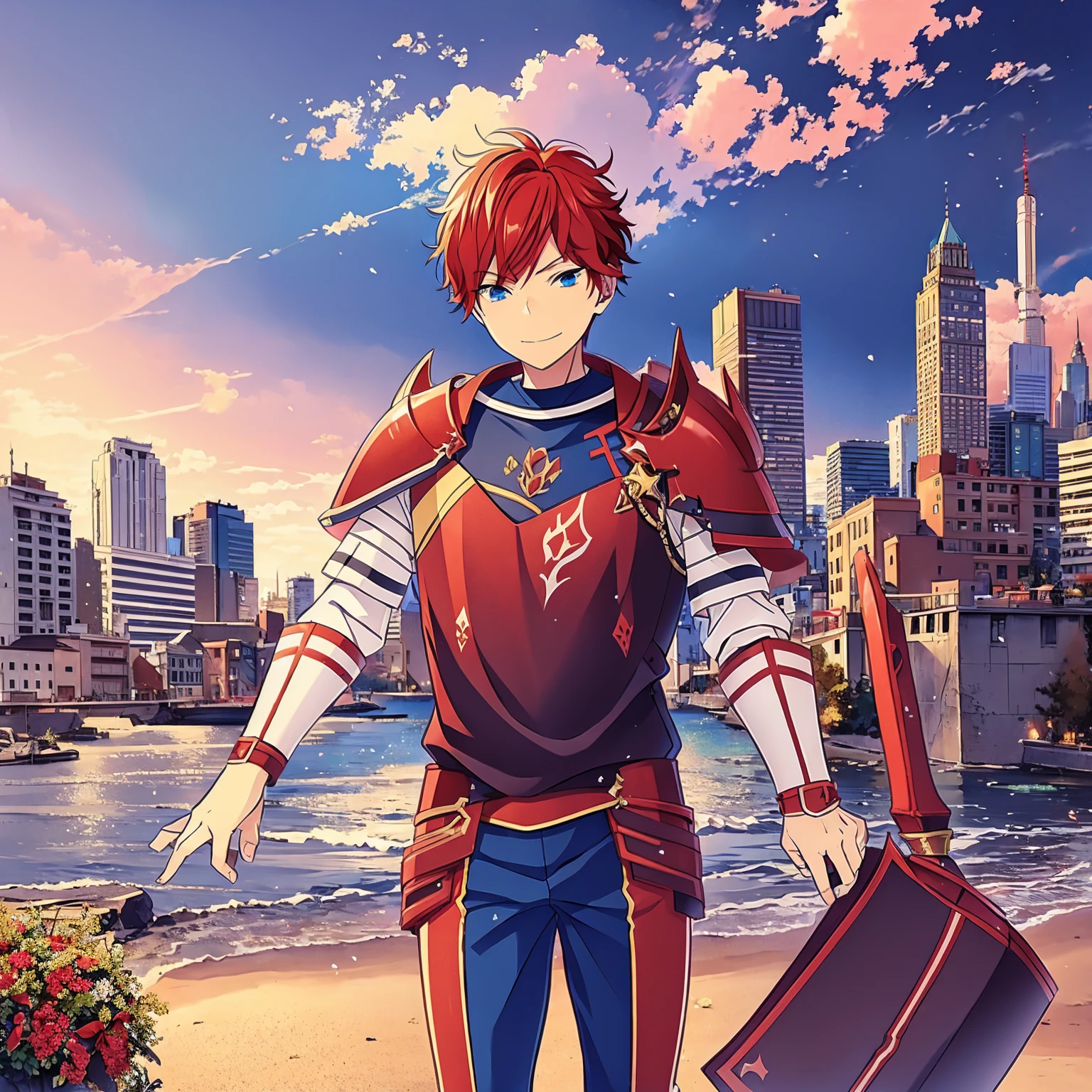 a boy, Red hair, blue colored eyes, red knight armor, heavy armor, posture would be, city in the background, No hero, 15year old, natta, closed sky, chest armor, focus from the waist up, avoid hands in the image, No hands, heroic smile.