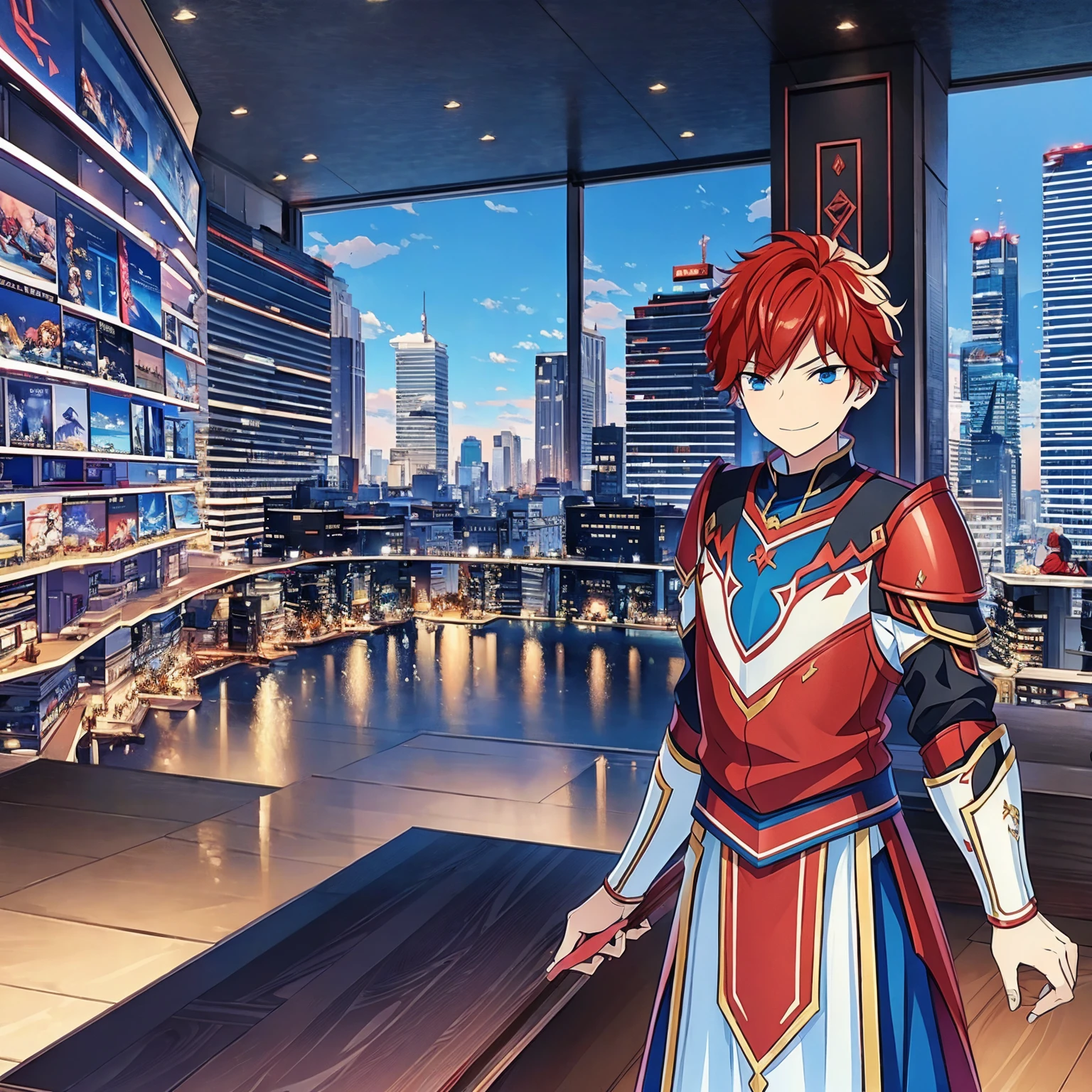 a boy, Red hair, blue colored eyes, red knight armor, heavy armor, posture would be, city in the background, No hero, 15year old, natta, closed sky, chest armor, focus from the waist up, avoid hands in the image, No hands, heroic smile.