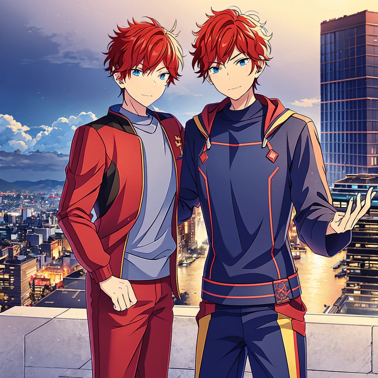 a boy, Red hair, blue colored eyes, red knight armor, heavy armor, posture would be, city in the background, No hero, 15year old, natta, closed sky, chest armor, focus from the waist up, avoid hands in the image, No hands, heroic smile.