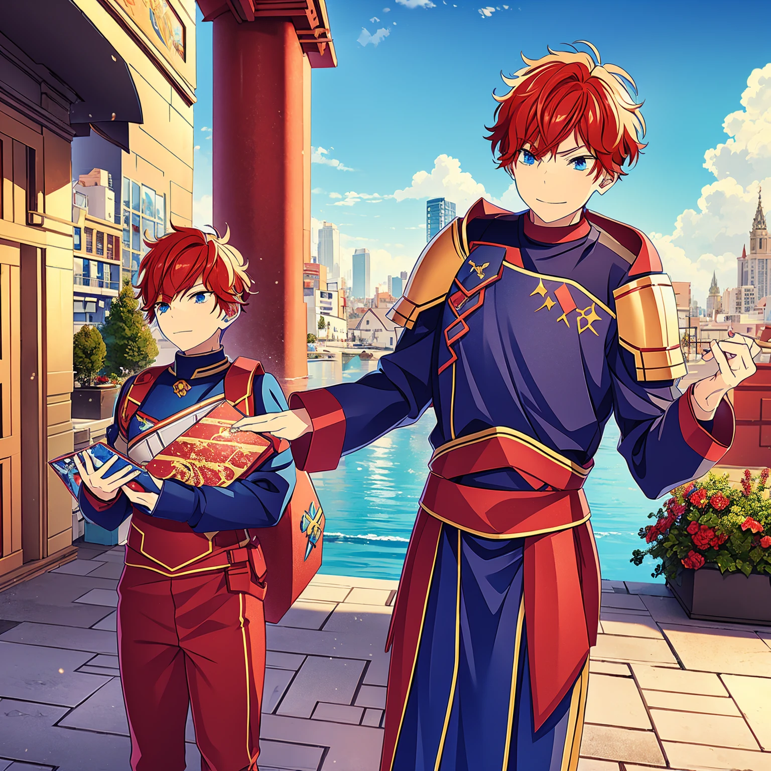 a boy, Red hair, blue colored eyes, red knight armor, heavy armor, posture would be, city in the background, No hero, 15year old, natta, closed sky, chest armor, focus from the waist up, avoid hands in the image, No hands, heroic smile.