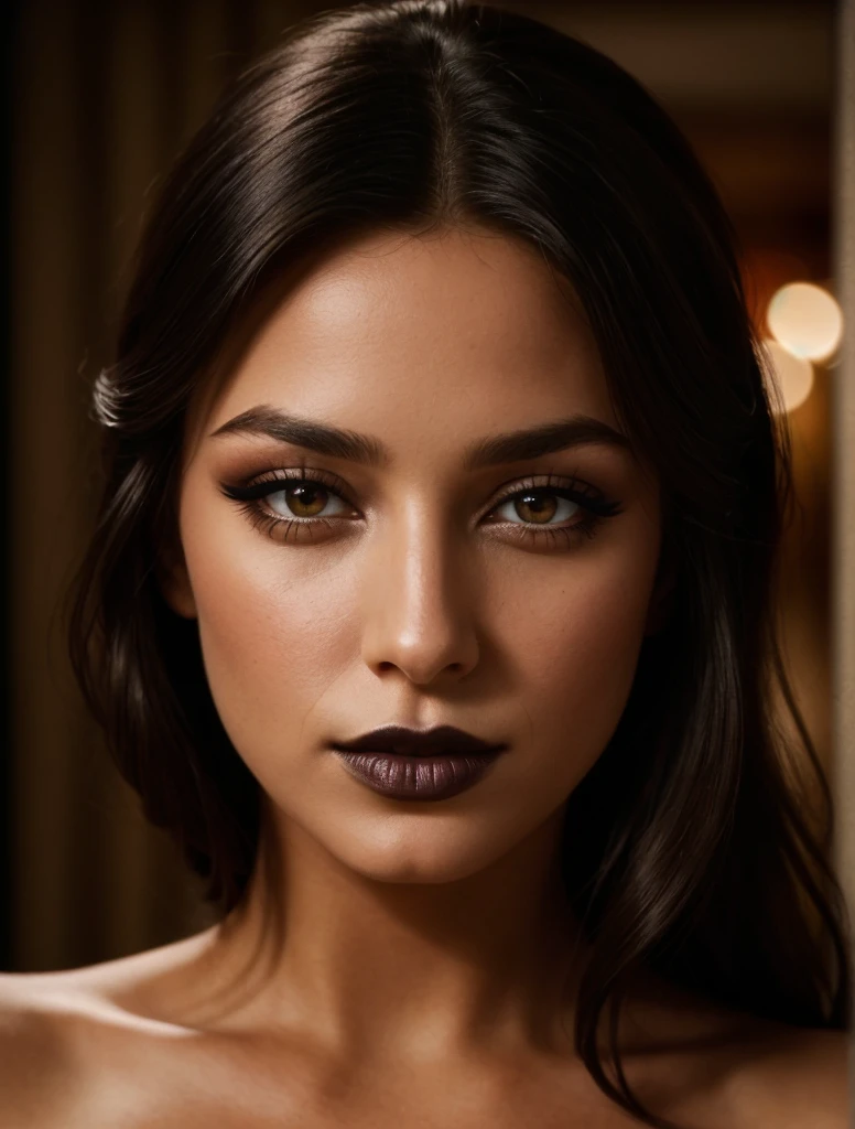 cinematic film still (aesthetic:1.2) Hyper Detailed, soft-lit (dramatic:0.9) full body of a stunning (beautiful:1.1) lady. Her face adorned , that effortlessly blend into her flawless skin. She wears mysterious (dark makeup:1.3) that accentuates her eyes The expertly captured photograph showcases intricate details, inviting the viewer to delve deeper into her captivating beauty. Ideal for a striking (cover:1.1) image. . shallow depth of field, vignette, highly detailed, high budget, bokeh, cinemascope, moody, epic, gorgeous, film grain, grainy