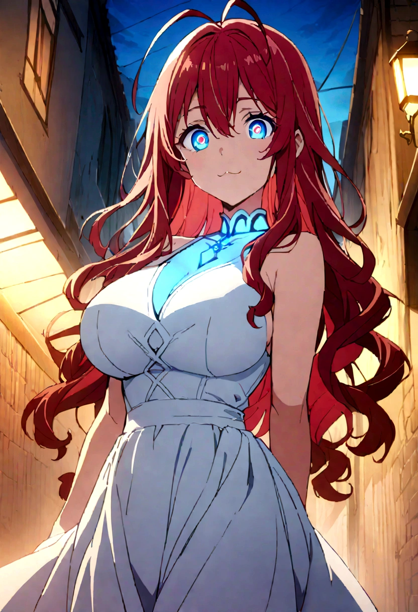 masterpiece, Best quality, 1 girl, long hair, Looking at the viewer, :3, Cute, black , on open air, streets, cowboy shot, big breasts, lush, (((Blue eyes))), makeup gremories, Red hair, antenna hair, Wavy hair, ((beautiful detailed eyes, beautiful detailed glow, A lot of glow)), anime screenshot,