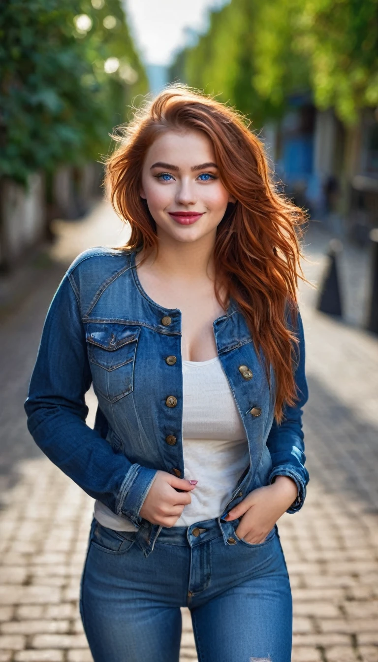 ultrarealistic high quality full body photo of a beautiful super busty slim european 19-year-old woman with cute hyperdetailed shy face and redhead shoulder length messy hair and shy smile, realistic round blue eyes, red lips, dark eye makeup with eyeliner, tight shirt with sweat jacket and denim pants, hourglass body, tanned, outdoor photography
