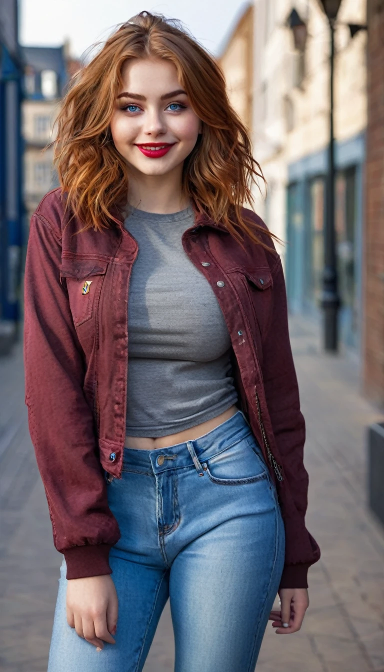 ultrarealistic high quality full body photo of a beautiful super busty slim european 19-year-old woman with cute hyperdetailed shy face and redhead shoulder length messy hair and shy smile, realistic round blue eyes, red lips, dark eye makeup with eyeliner, tight shirt with sweat jacket and denim pants, hourglass body, tanned, outdoor photography