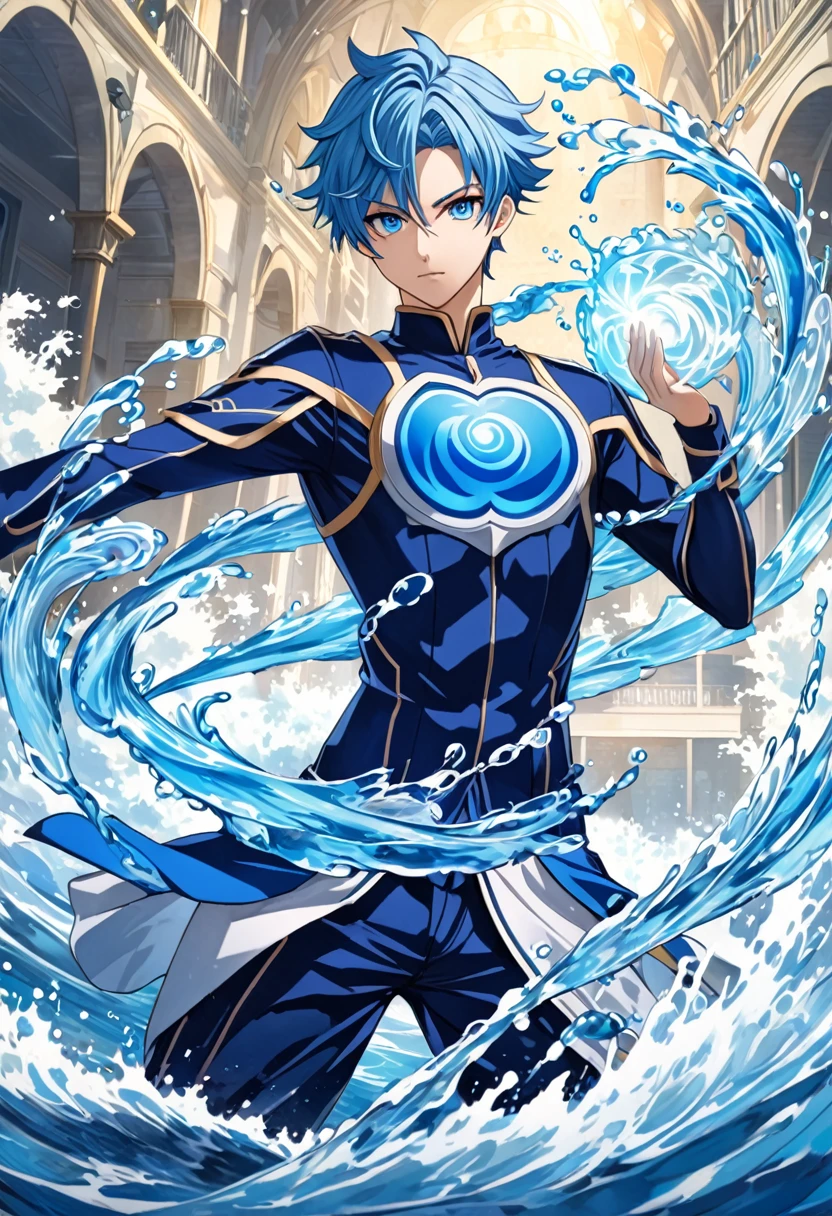 anime model, blue hair boy, blue colored eyes, water element powers, work of art.
