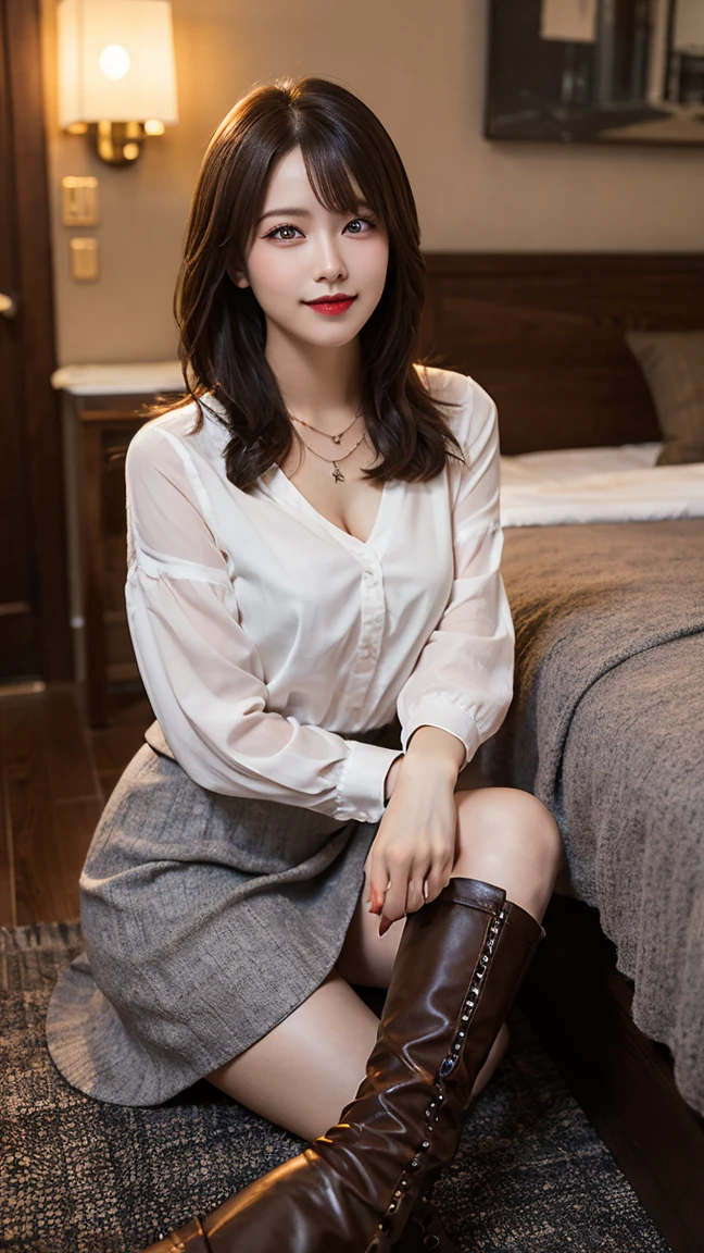 highest quality, masterpiece, 8K, ultra high resolution, (realistic: 1.4), beautiful face, symmetrical eyes, European, white hair, smile, wearing makeup, high-definition images, atmospheric perspective, super detail, accurate, best quality, an European lady, drooping eyes, sleepy face, blush, skirt, high boots, necklace, guitar on her laps, cozu room, atmospheric light