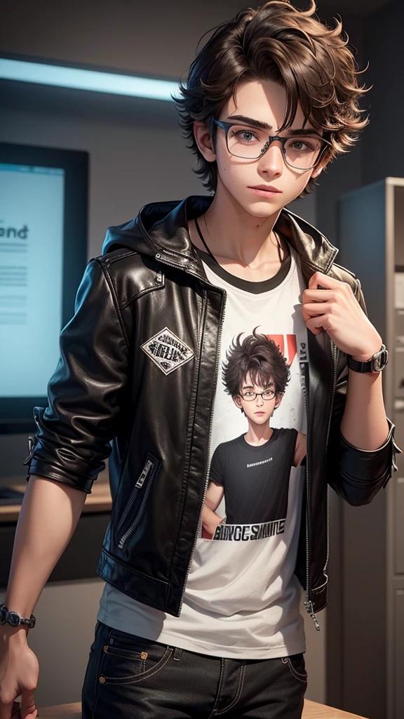 Male Age: 15 years old.Physical Description: Dark, messy hair, wears stylized glasses.Clothing: Likes t-shirts with science prints and a casual leather jacket.Personality: Intelligent, creative, curious and expressive.Interests: Passionate about science, mysteries and psychology.Presentation Style: Speaks clearly and enthusiastically.