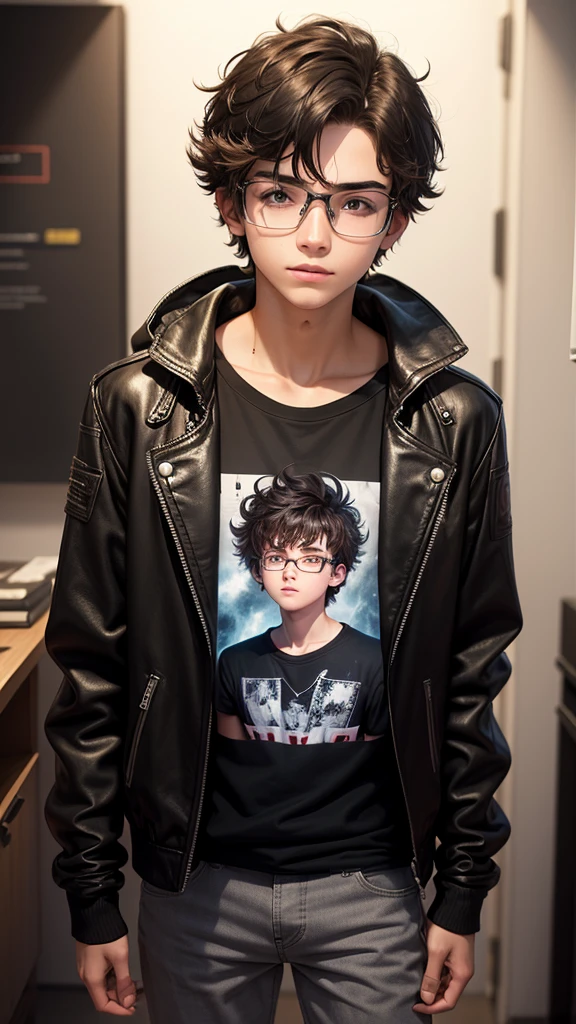 Male Age: 15 years old.Physical Description: Dark, messy hair, wears stylized glasses.Clothing: Likes t-shirts with science prints and a casual leather jacket.Personality: Intelligent, creative, curious and expressive.Interests: Passionate about science, mysteries and psychology.Presentation Style: Speaks clearly and enthusiastically.