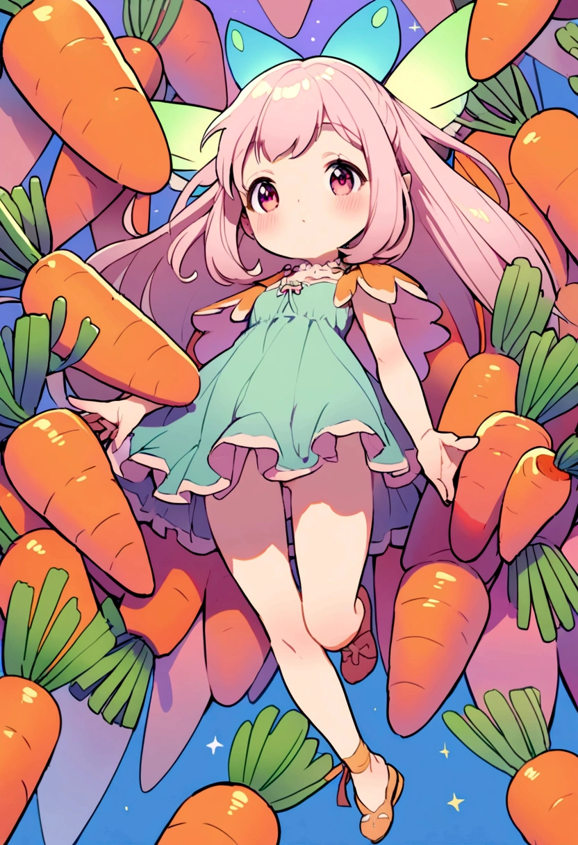 a  fairy flying over a pile of carrots, holding one carrot on her hand