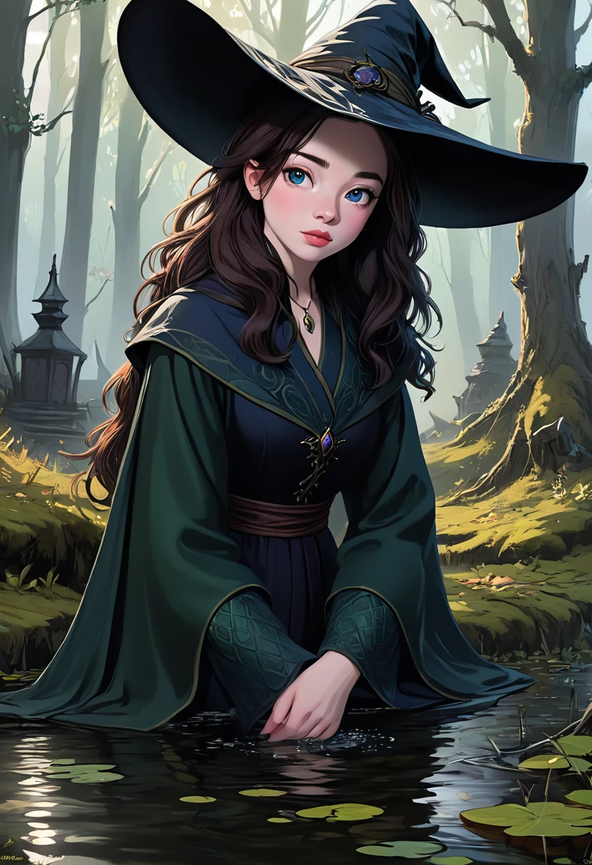A Bog Witch. Anna Popplewell. Official Art, Award Winning Digital Painting, Digital Illustration, Extreme Detail, 4k, Ultra Hd, Rococo, Polished, Intricate, Realistic Fantasy Art, Sharp Focus, Concept Art, Art By Wlop, Artgerm, (2d Vector Illustration)
