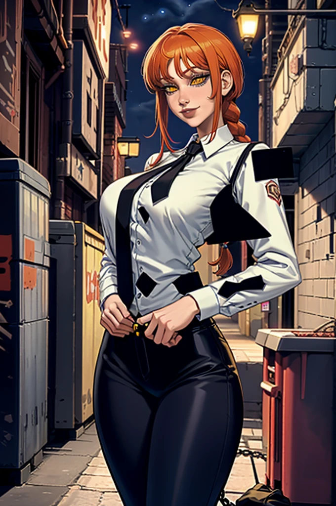 1girl, (solo:1.2), (adjusting clothes:1.3), (looking at self:1.5), (cowboy shot:1.5), (curvy:1.2),, (masterpiece:1.3), (best quality:1.3), (perfect anatomy:1.4), highly detailed, sciamano240, soft shading, detailed, semi-realistic, makima, long hair, smile, bangs, (yellow eyes:1.2), braid, red hair, braided ponytail, ringed eyes, shirt, long sleeves, white shirt, necktie, collared shirt, pants, very thin waist, heart shaped hips, black pants, formal, suit, black necktie, shirt tucked in, office lady, (night:1.5), (dark alleyway inside a large city:1.2), (chainlink fence:1.2), (trash lying around:1.2), concrete, sparse lighting, (dystopian)