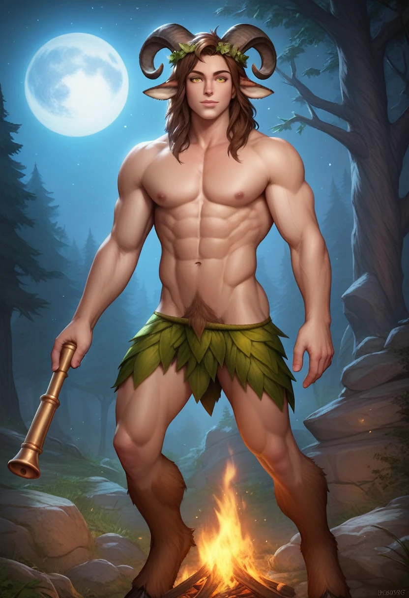 Faun, no clothing, holding a flute, velues, Wearing a wreath, rectangular face with goat features, long brown hair, complainant, defined jaw, in a forest at night, moon light, muscled body, horns on head, Celtic mythology, six pack abs, goat legs, brown hair all over the body, amber eyes, friendly and sweet look, near a bonfire, sexly, appealing, dreamcore, dark fantasy, photography realistic, Erotic, magical atmosphere.