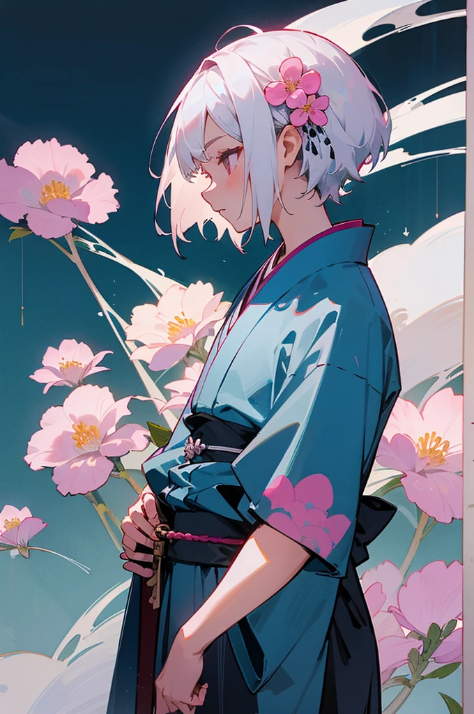 One girl, solo, short hair, hair ornament, sword in hand, (weapon, sword, held in arm), kimono, hanging scroll, upper body, flowers, white hair, flowers in hair, electronic, from side, profile, pink flowers, blue flowers, Japanese painting,