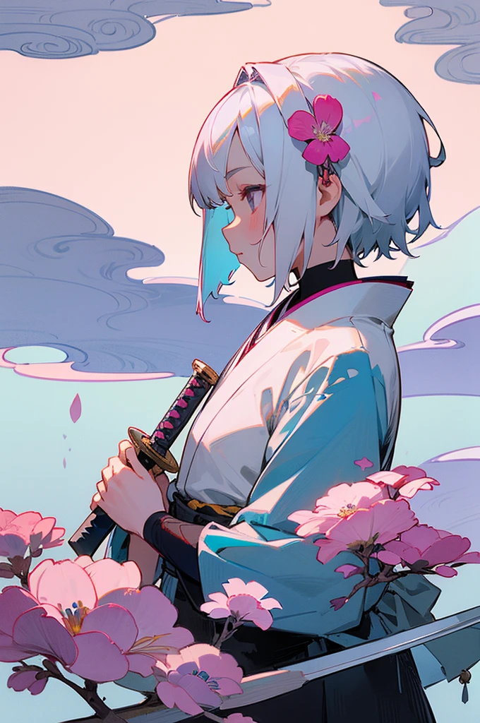 One girl, solo, short hair, hair ornament, sword in hand, (weapon, sword, held in arm), kimono, hanging scroll, upper body, flowers, white hair, flowers in hair, electronic, from side, profile, pink flowers, blue flowers, Japanese painting,