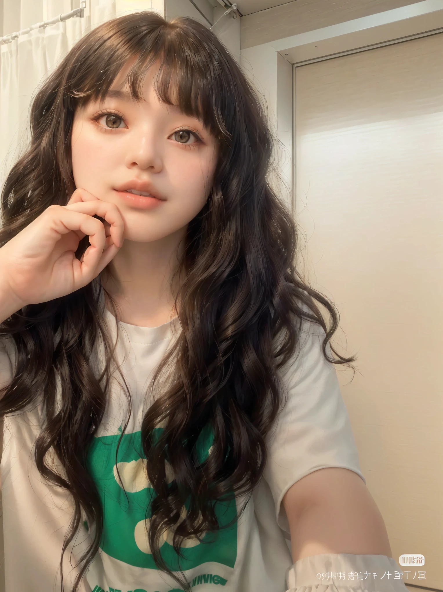 there is a young girl with long hair and a white shirt, curly bangs, ulzzang, curly bangs and ponytail, bangs and wavy hair, neat hair with bangs, fluffy bangs, with bangs, with long curly hair, long hair with bangs, with long hair, with full bangs, curtain bangs, the hime cut, cynthwave, hair whitebangs hair