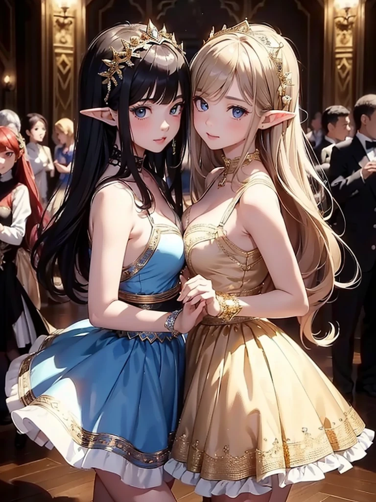 (masterpiece, detailed shadow's, detailed background, detailed background, best quality, expressive eyes, perfect face), (2elve girls, dancing together), wearing expressive small clothes, wearing expressive ornaments, wearing expressive jewllery, different hair colors, different hairstyles, ((crowded ballroom)), little clevage, best angle, 
