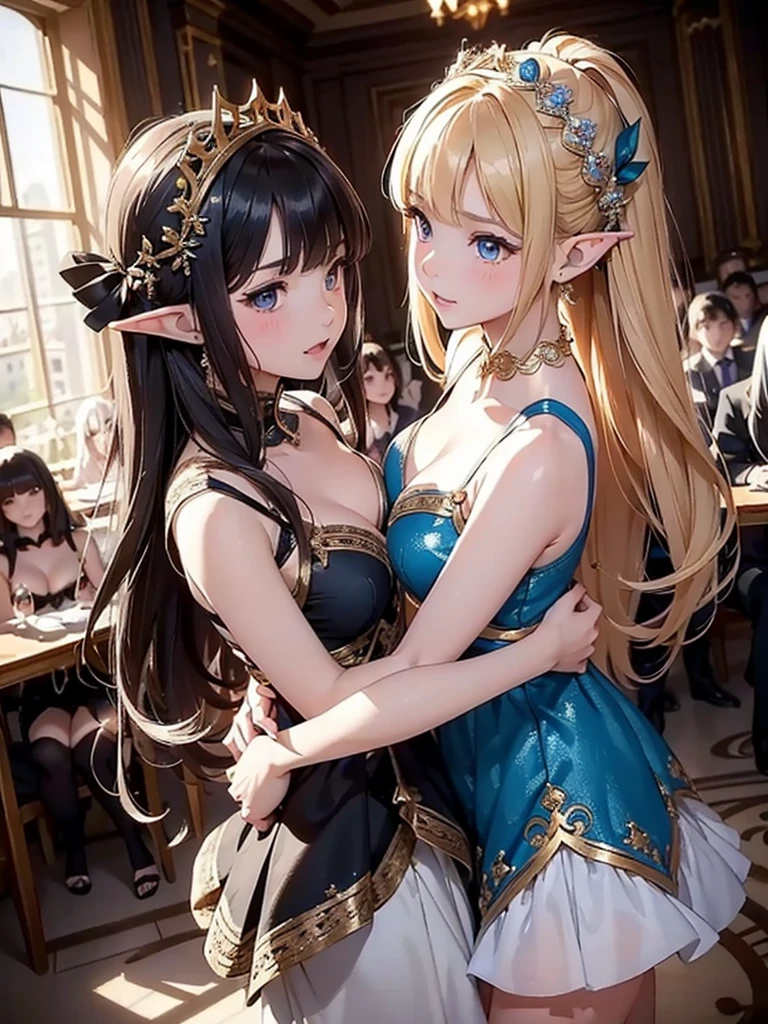 (masterpiece, detailed shadow's, detailed background, detailed background, best quality, expressive eyes, perfect face), (2elve girls, dancing together), wearing expressive small clothes, wearing expressive ornaments, wearing expressive jewllery, different hair colors, different hairstyles, ((crowded ballroom)), little clevage, best angle, 