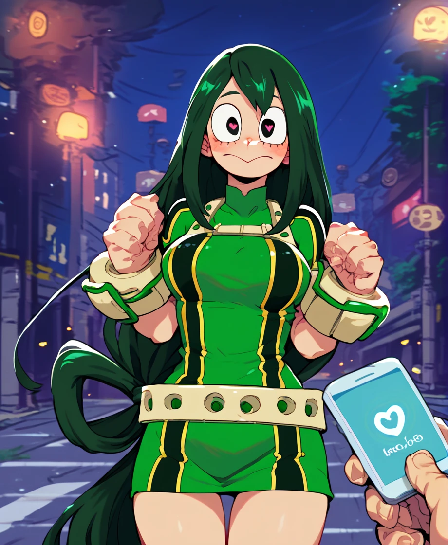 score_9_up, score_8_up, score_7_up, cowboy shot, 1girl, Asui Tsuyu\(boku no hero academia\), green hair, very long hair, low-tied long hair, tied hair, black eyes, wide hips, medium breasts, source_anime, anime style, hypnosis, standing, street at night, heart-shaped pupils, swept bangs, dress, belt, brainwashed, blush, looking at viewer, thigh gap, phone, heart, eye symbol, purple hair, rating_questionable