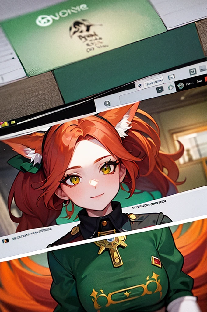 a close up of a woman with red hair and a fox, a beautiful fox lady, foxgirl, orange skin and long fiery hair, green eyes, magali villeneuve', graphic artist magali villeneuve, ginger hair and fur, inspired by Magali Villeneuve, in style of anne stokes, red haired goddess, fantasy fox love, fire hair, by Galen Dara
