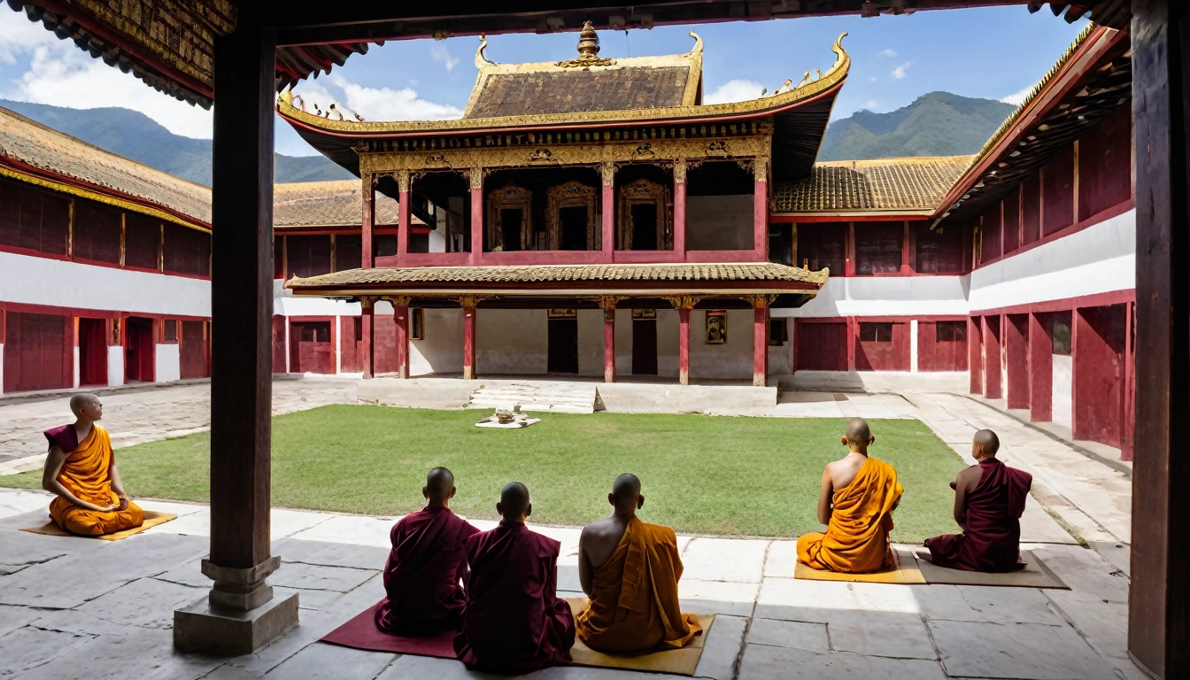 buddhist monastery, seen from inside, view from the courtyard, with several monks reading and meditating