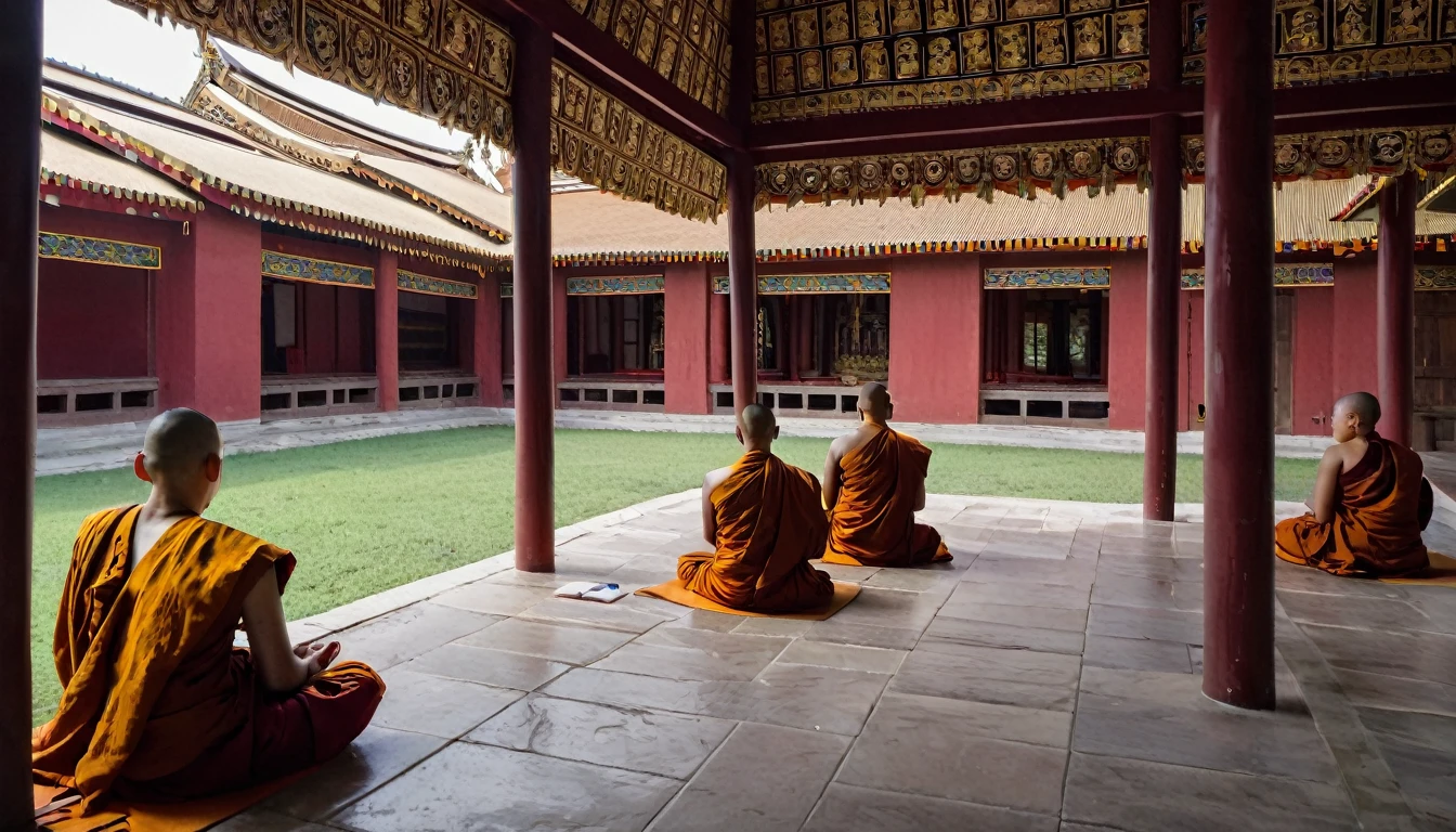 buddhist monastery, seen from inside, view from the courtyard, with several monks reading and meditating