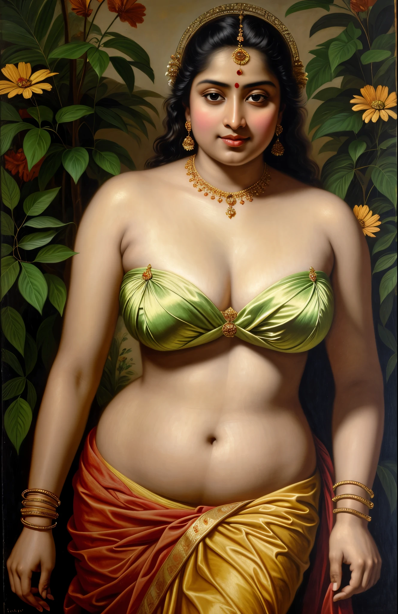 Looks like Gargi Roy Chowdhury, Beautiful Indian Woman, wearing saree, sari Beauty, gorgeous, curvy, sexy navel folds, Apsara, Maharani, royal queen woman, nymph from Hindu Mythology, Urvashi, matchless beauty, Highly detailed, Oil Painting by Peter Paul Rubens inspired by Raja Ravi Varma, Matchless beauty, captivating, gorgeous, heavenly beauty, celestial beauty, by Peter Paul Rubens, 13, realistic, hyper realistic, micro details, incredible artwork, insane details, ultra High resolution, 8k, 32k, acrylic on canvas, intricate, flawless, detailed, detailed face, detailed eyes, masterpiece, by Peter Paul Rubens, by Caravaggio, by William Adolphe bouguereau, perfect face, perfect body, beautiful art, realism, baroque, renaissance Art, highly textured, beautiful and detailed eyes, uhd, best quality,
