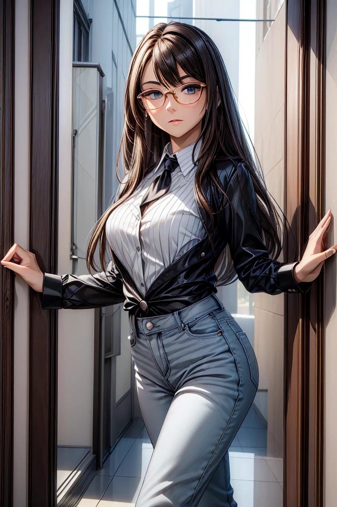 (masterpiece, best quality:1.2), detailed face, detailed eyes, elegant woman, long hair, high heeled,shiny skin,welcomes you at the door, Shirt, pants,random colar, ponitail hair,cool attitude,cool glasses,exciting,cool, perfect hand:1