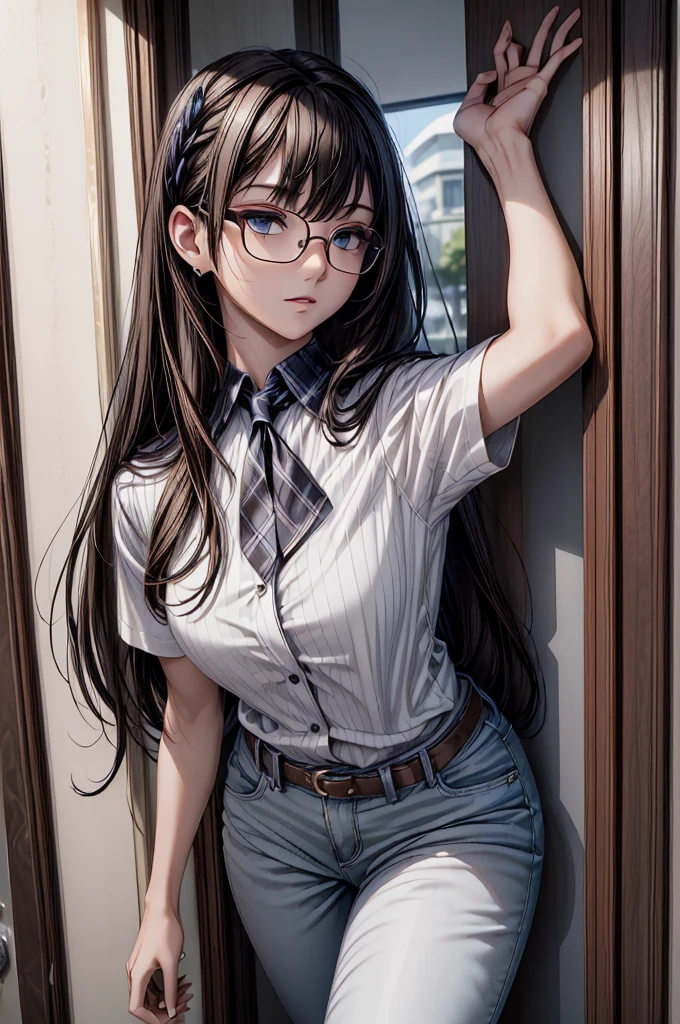 (masterpiece, best quality:1.2), detailed face, detailed eyes, elegant woman, long hair, high heeled,shiny skin,welcomes you at the door, Shirt, pants,random colar, ponitail hair,cool attitude,cool glasses,exciting,cool, perfect hand:1
