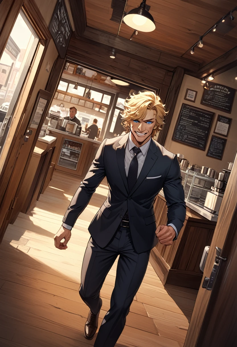 detailed illustration ,dynamic angle, ultra-detailed, detailed eyes, detailed face, 1man, blonde, tall, blue eyes, door, walking in, coffee shop, smirk, cruel, strong, russian, tough