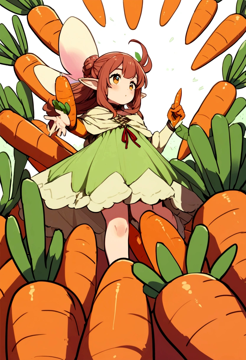a cute fairy flying over a pile of carrots, holding one carrot on her hand