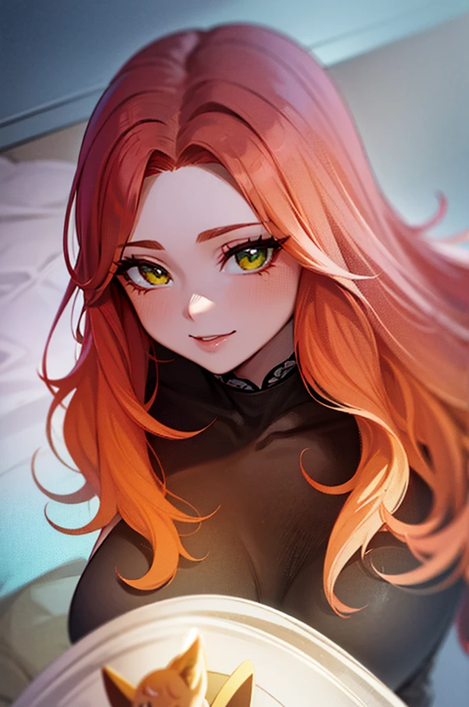 a close up of a woman with red hair and a fox, a beautiful fox lady, foxgirl, orange skin and long fiery hair, green eyes, magali villeneuve', graphic artist magali villeneuve, ginger hair and fur, inspired by Magali Villeneuve, in style of anne stokes, red haired goddess, fantasy fox love, fire hair, by Galen Dara
