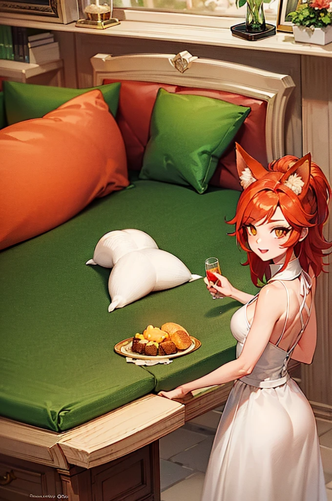 a close up of a woman with red hair and a fox, a beautiful fox lady, foxgirl, orange skin and long fiery hair, green eyes, magali villeneuve', graphic artist magali villeneuve, ginger hair and fur, inspired by Magali Villeneuve, in style of anne stokes, red haired goddess, fantasy fox love, fire hair, by Galen Dara