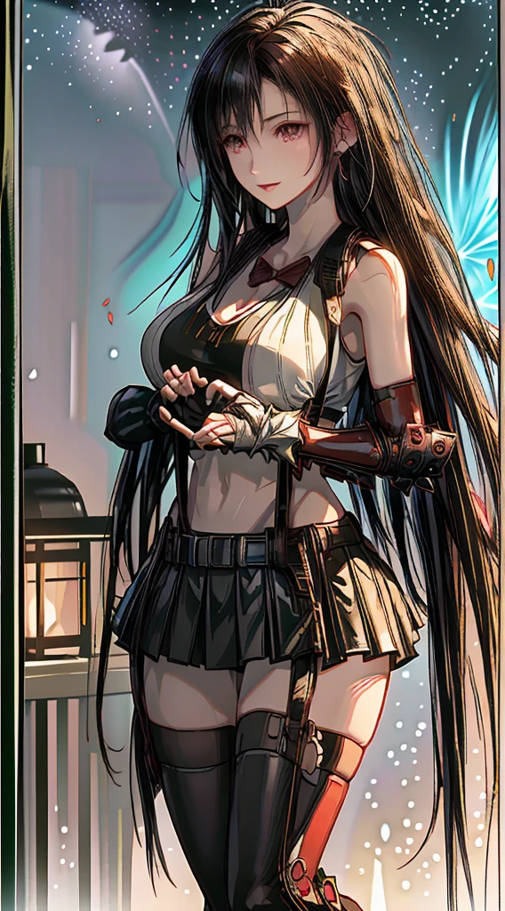 (8k、highest quality、MASTERPIECE:1.2)、(photorealistic:1.3 of 7)、Super Detailed、girl 1 person、mature、solo、(Tifa Lockheart)、(big chest)、(((huge lift clothes to show bra)))、(((black bra)))、(beautiful eyes)、(smiling:1.2)、(Closed)、erotic pose、dance、neons、street scenery、Depth Of Field、Dark and strong shadows、Sharp focus、auto、motion blur、bike、Depth Of Field、composition、Glowing green light、Final Fantasy VII, (nose blush)、Single Elbow Pad、Ankle Boots、dark black hair、toned thighs、red boots、Elbow Gloves、Elbow pads、Fingerless Gloves、Taut Shirt、sports bra、(suspenders), (Black Skirt)、thights、white tank top、All over body、head rest、Lips、Facial、Low Tai Long Hair、(red_Ojo)、Yellow flowers、(night:1.3)、Complex、Bokeh、Cinematic Lighting、Photon mapping、Radiosity、physically based rendering、(Tetsuya Nomura Style)、NSFW、Perfect Breasts