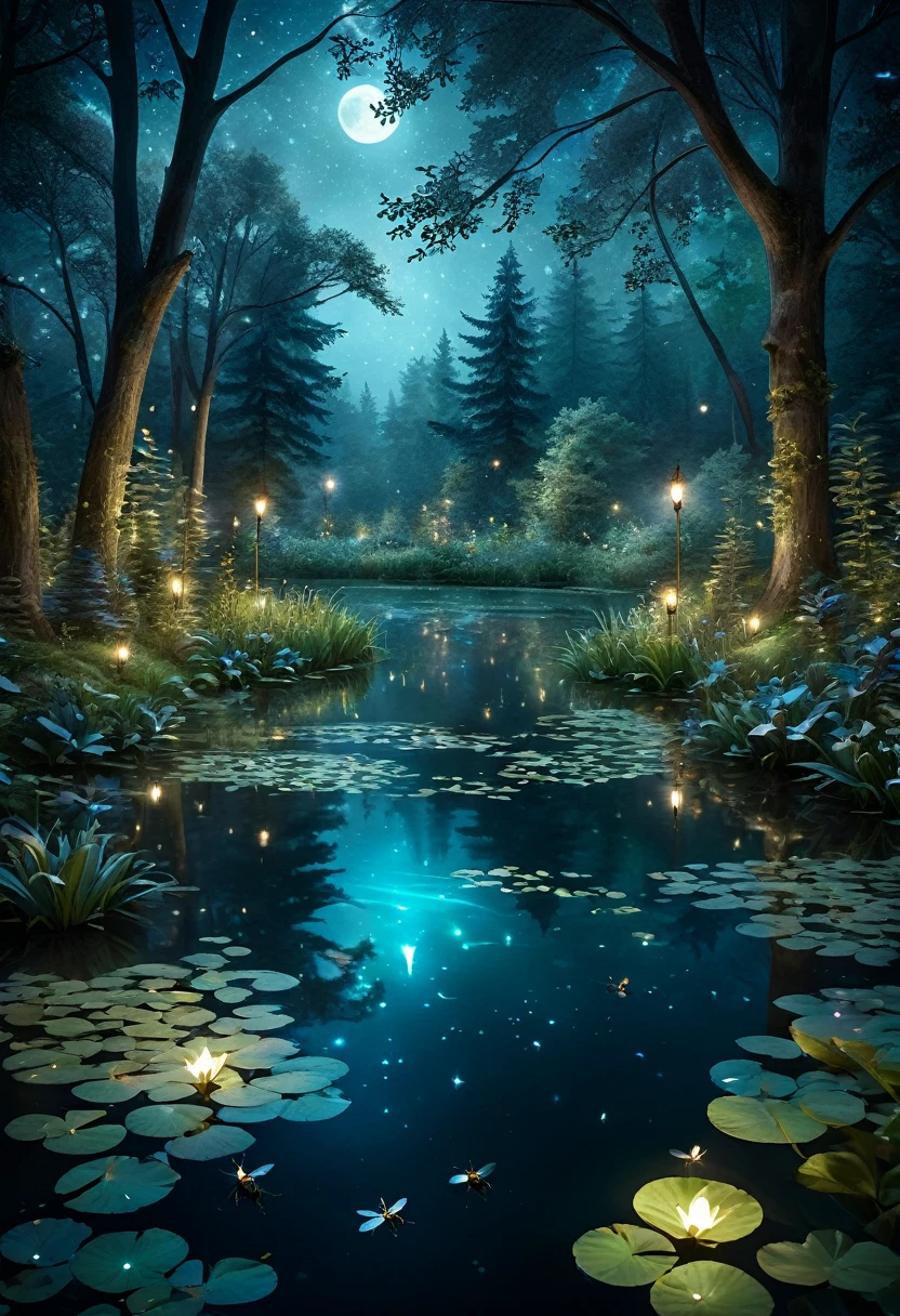 pond at night:1.5, ((full shot:1.4)), ((beautiful pond at night in absolute darkness:1.5)), ((fireflies flying around illuminating the pond, Shining in the moonlight, catching a firefly:1.5)), ((ultra detailed:1.5)), the lights of the fireflies are reflected in the water:1.2, idyllic, Dreamer, Fancy:1.3)), dark atmosphere soft moonlight reflecting on the water, Ultra-realistic 8K, portrait, Very detailed 32k digital art, Beautiful digital artwork, ((bluish, cian, brown colors: 1.2)), Realistic 8k digital art., soft lighting, (( Very detailed: 1.4) , ((Masterpiece)), (Hyper detailed and beautiful.: 1.3), (photorealistic: 1.4)