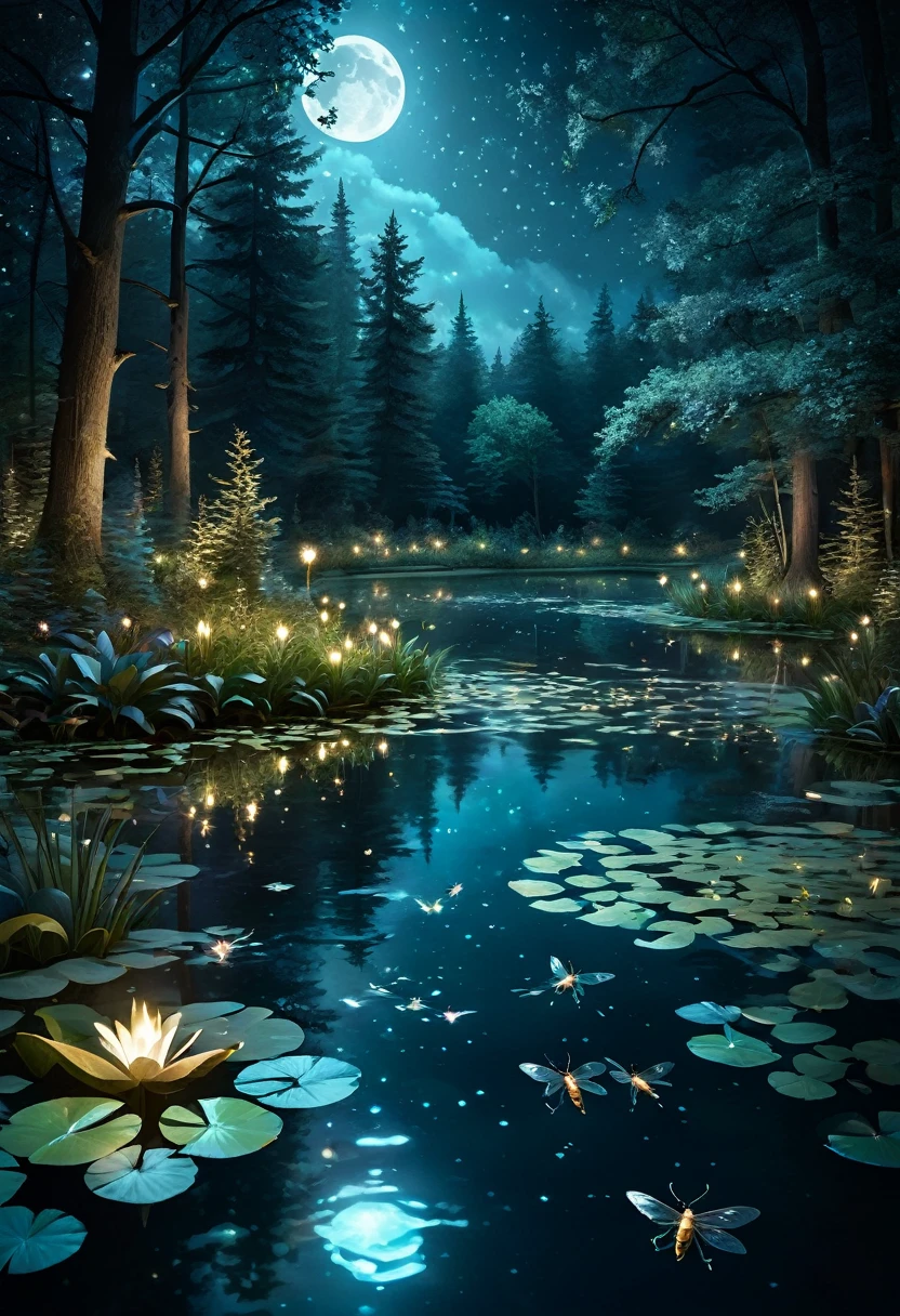 pond at night:1.5, ((full shot:1.4)), ((beautiful pond at night in absolute darkness:1.5)), ((fireflies flying around illuminating the pond, Shining in the moonlight, catching a firefly:1.5)), ((ultra detailed:1.5)), the lights of the fireflies are reflected in the water:1.2, idyllic, Dreamer, Fancy:1.3)), dark atmosphere soft moonlight reflecting on the water, Ultra-realistic 8K, portrait, Very detailed 32k digital art, Beautiful digital artwork, ((bluish, cian, brown colors: 1.2)), Realistic 8k digital art., soft lighting, (( Very detailed: 1.4) , ((Masterpiece)), (Hyper detailed and beautiful.: 1.3), (photorealistic: 1.4)