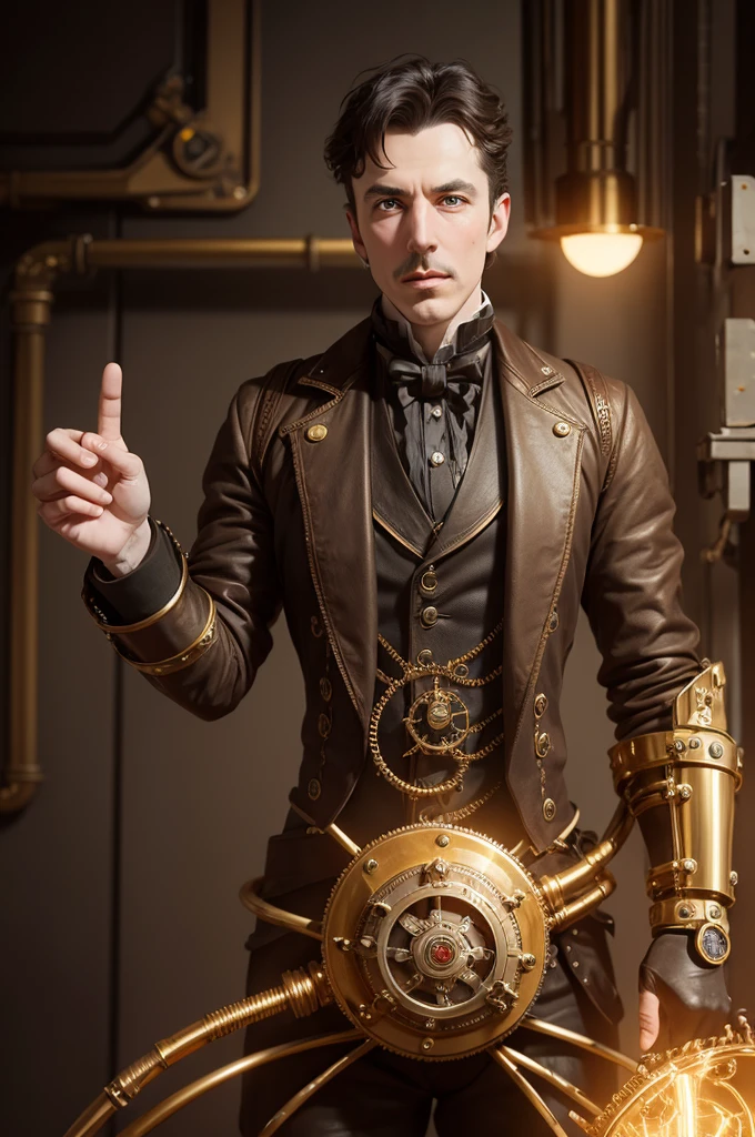Nikolas Tesla with a golden robotic arm with three fingers (style: Steampunk)