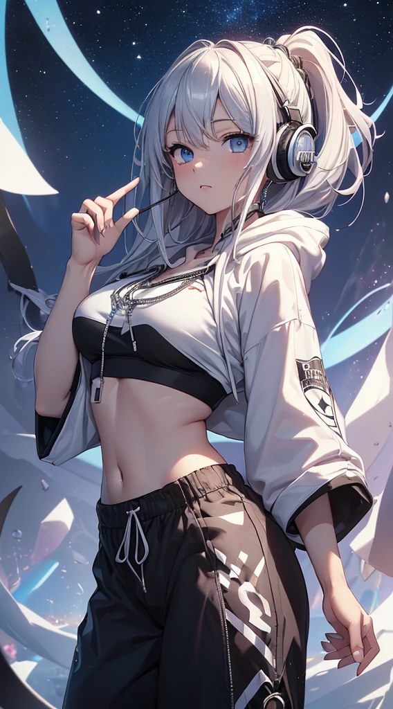 top-quality、Top image quality、​masterpiece、girl with((18year old、Black navel exposes short sleeve hoodie、Sportsbra、White pants、Best Bust、Bust 90、silber hair、disheveled long hair、Blue eyes、open chest wide、Happiness、Chain Accessories、Put on headphones、Cosmic Accessories、weightless、Pointing up）hiquality、visualart、Background with(spaces、stele々、kosmoasutepiece、Best graphics、Super delicate