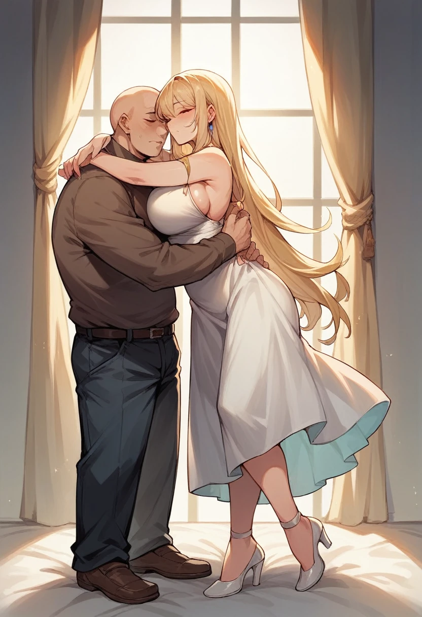 photo format blonde woman long hair young and sensual without clothes big breasts accompanied by her a bald man without clothes hugging her sensual full body image