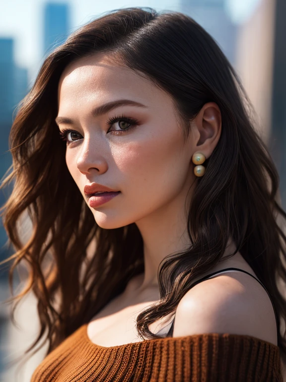 Full face portrait photo of 25 year old European girl, RAW, beautiful woman, semi-open strawberry lip, dimples, wistful expression, (brown hair with extra long wavy), ((detailed face)), ((detailed facial features)), (fine detailed skin), pale skin, cyberpunk megacity environment, (cool color), moist, damp, reflection, (masterpiece(Detailed details) shot with Canon EOS R5 (Realistic Photos) (Realistic Photos) (Detail) 50mm Lens, f/2.8, HDR, (8k) (Wallpaper) (Cinematic Lighting) (Dramatic Lighting) (Sharp Focus) (Complex), RAW Photography, RAW Photography, Gigachado Photography, Camera Pose, Back Arm, 8K UHD, DSLR, High Quality, Grain Film, Fujifilm XT3, Film Stock Photo 4 Kodak Portra 400 Camera F1.6 Lens Rich colors Ultra-realistic textures Dramatic lighting Unreal Engine Art Station Trends Cinestir 800 Tungsten, Toughboy Style, Ultra Focus Face, Intimidating, Black and Long Hair, Muscles, Bursting Veins, Beads, (half-opened minimalist off shoulder tightly transparent overall sweater )),