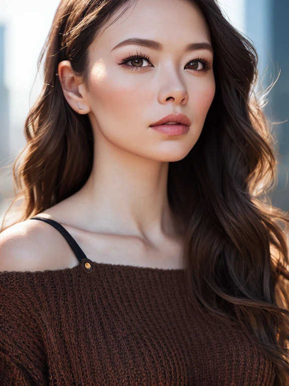 Full face portrait photo of 25 year old European girl, RAW, beautiful woman, semi-open strawberry lip, dimples, wistful expression, (brown hair with extra long wavy), ((detailed face)), ((detailed facial features)), (fine detailed skin), pale skin, cyberpunk megacity environment, (cool color), moist, damp, reflection, (masterpiece(Detailed details) shot with Canon EOS R5 (Realistic Photos) (Realistic Photos) (Detail) 50mm Lens, f/2.8, HDR, (8k) (Wallpaper) (Cinematic Lighting) (Dramatic Lighting) (Sharp Focus) (Complex), RAW Photography, RAW Photography, Gigachado Photography, Camera Pose, Back Arm, 8K UHD, DSLR, High Quality, Grain Film, Fujifilm XT3, Film Stock Photo 4 Kodak Portra 400 Camera F1.6 Lens Rich colors Ultra-realistic textures Dramatic lighting Unreal Engine Art Station Trends Cinestir 800 Tungsten, Toughboy Style, Ultra Focus Face, Intimidating, Black and Long Hair, Muscles, Bursting Veins, Beads, (half-opened minimalist off shoulder tightly transparent overall sweater )),