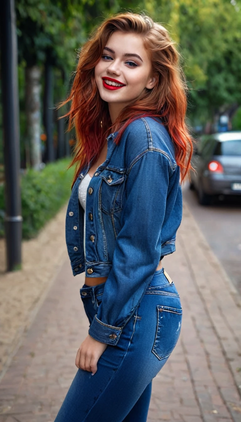 ultrarealistic high quality full body photo of a beautiful super busty slim european 19-year-old woman with cute hyperdetailed shy face and redhead shoulder length messy hair and shy smile, realistic round black eyes, red lips, dark eye makeup with eyeliner, tight shirt with satin jacket and denim pants, hourglass body, tanned, outdoor photography