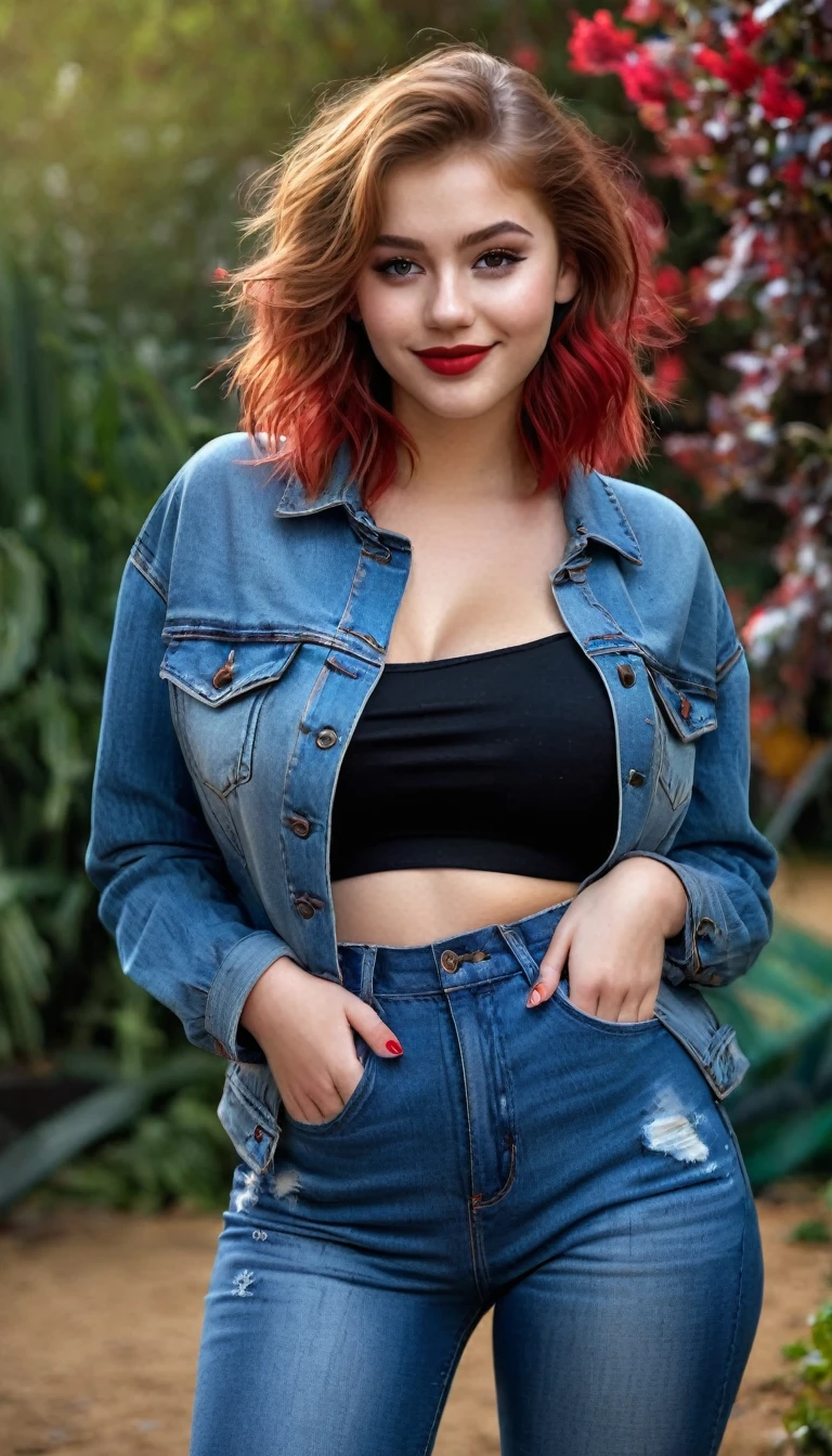 ultrarealistic high quality full body photo of a beautiful super busty slim european 19-year-old woman with cute hyperdetailed shy face and redhead shoulder length messy hair and shy smile, realistic round black eyes, red lips, dark eye makeup with eyeliner, tight shirt with satin jacket and denim pants, hourglass body, tanned, outdoor photography
