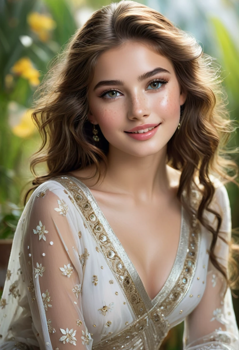 Ultra-realistic full-face photorealistic image of a goddess, 18-year-old young with a beautiful face and deep brown eyes and a charming chin that captivates anyone who meets her. Her ornate light brown hair falls gracefully over her shoulders, framing her face elegantly. Full lips paint a smile. His face is adorned with one or more spots, adding a touch of mystery and charm. Light freckles add a playful and natural look to your appearance, giving you an aura of freshness. Her beauty is a harmonious blend of unique and captivating features, making her irresistibly attractive. - Immerse the viewer in the extravagant charm of a visual by purposefully avoiding direct eye contact with the camera by focusing to the right. The model, dressed in bold makeup, has a captivating expression and a mix of seductive mystery.