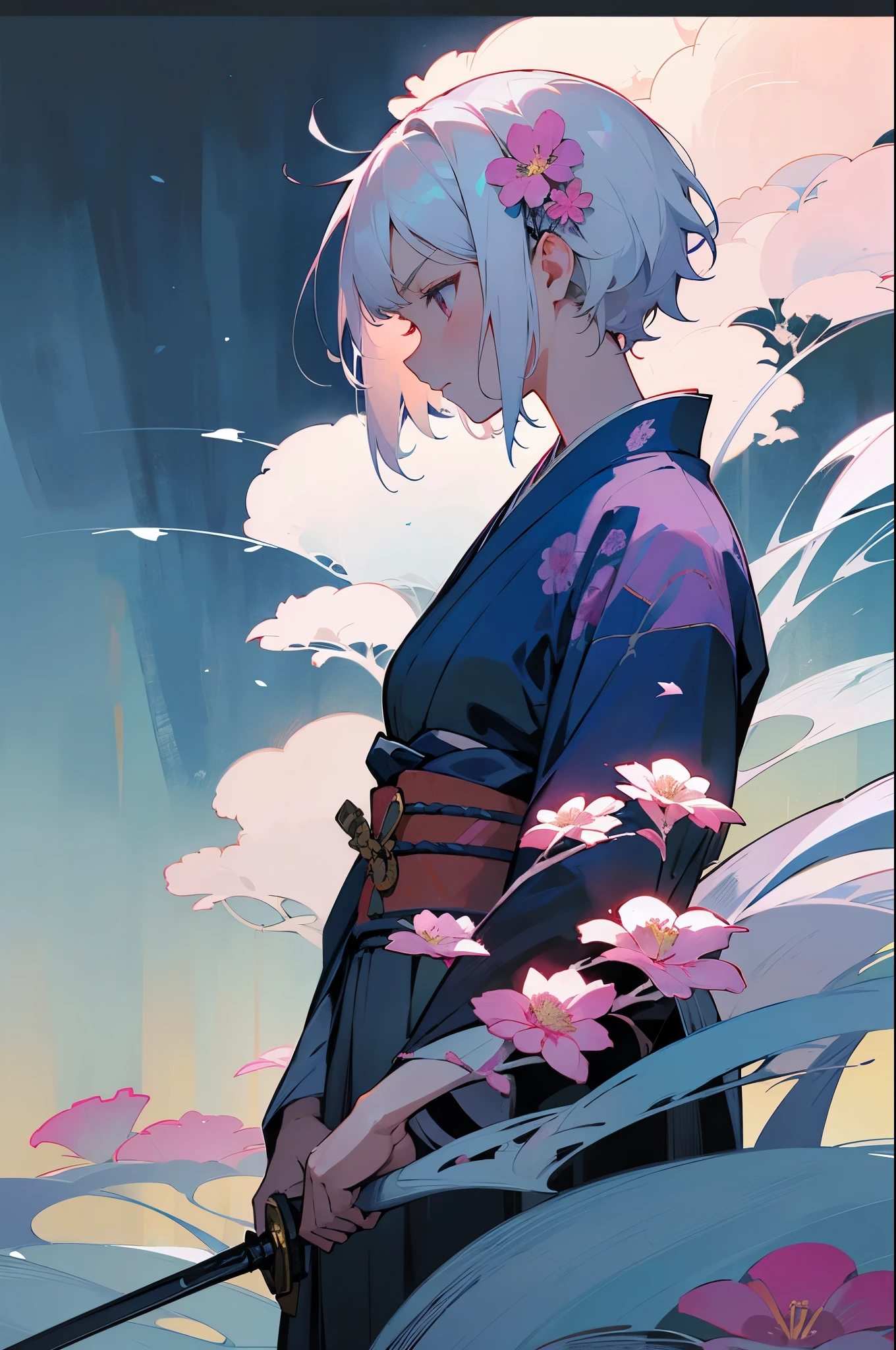One woman, solo, short hair, hair ornament, sword in hand, (weapon, sword, held in arm), kimono, hanging scroll, upper body, flowers, white hair, flowers in hair, electronic, from side, profile, pink flowers, blue flowers, Japanese painting, serious face