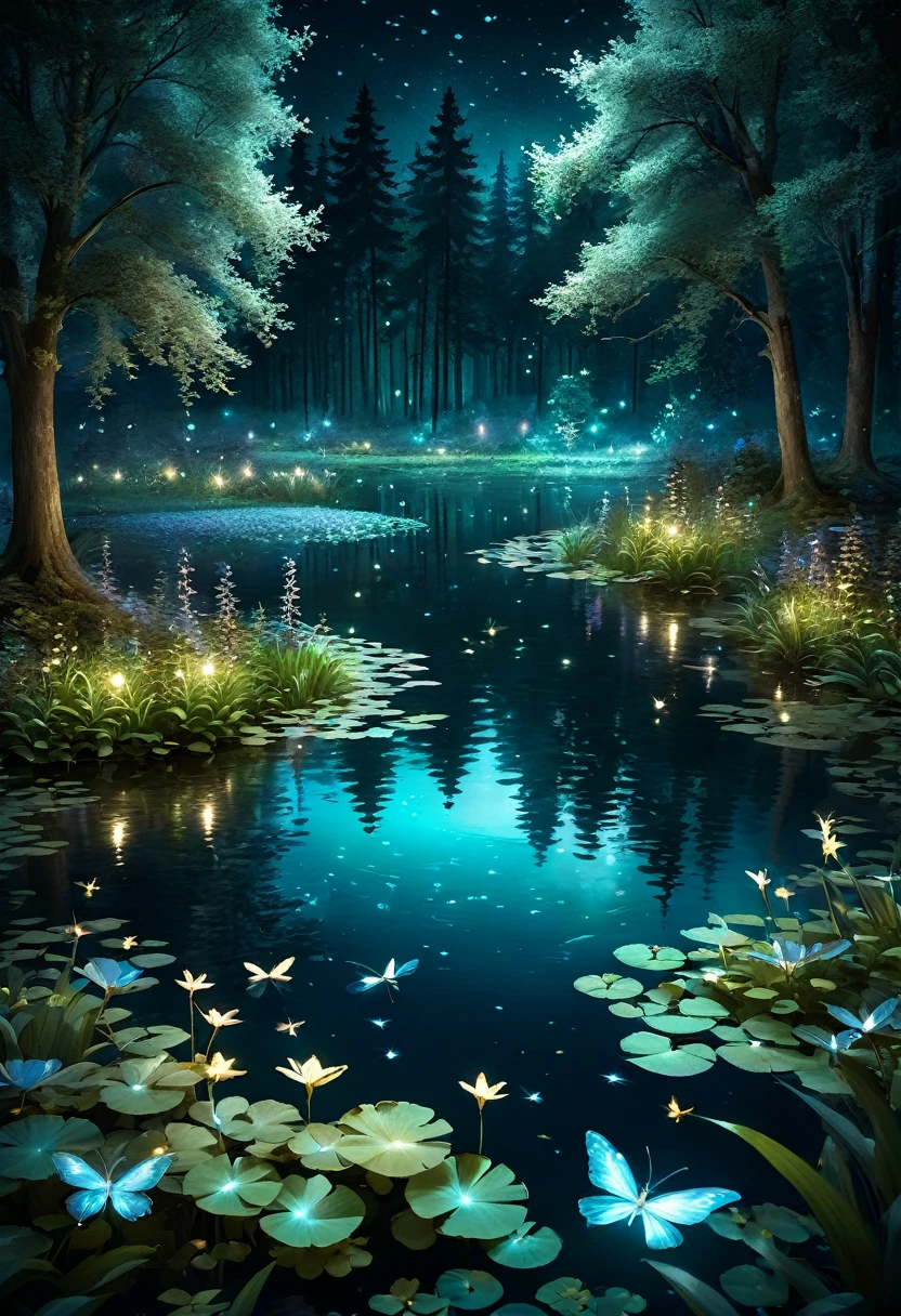 pond at night:1.5, ((full shot:1.4)), ((beautiful pond at night in absolute darkness:1.5)), ((fireflies flying around illuminating the pond, Shining in the moonlight, catching a firefly:1.5)), ((ultra detailed:1.5)), the lights of the fireflies are reflected in the water:1.2, idyllic, Dreamer, Fancy:1.3)), dark atmosphere soft moonlight reflecting on the water, Ultra-realistic 8K, portrait, Very detailed 32k digital art, Beautiful digital artwork, ((bluish, cian, brown colors: 1.2)), Realistic 8k digital art., soft lighting, (( Very detailed: 1.4) , ((Masterpiece)), (Hyper detailed and beautiful.: 1.3), (photorealistic: 1.4)
