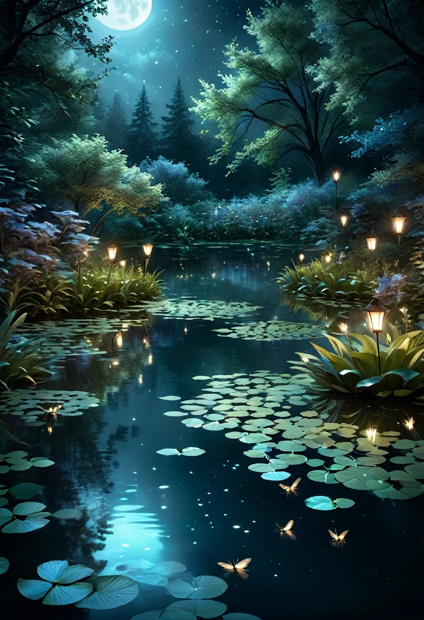 pond at night:1.5, ((full shot:1.4)), ((beautiful pond at night in absolute darkness:1.5)), ((fireflies flying around illuminating the pond, Shining in the moonlight, catching a firefly:1.5)), ((ultra detailed:1.5)), the lights of the fireflies are reflected in the water:1.2, idyllic, Dreamer, Fancy:1.3)), dark atmosphere soft moonlight reflecting on the water, Ultra-realistic 8K, portrait, Very detailed 32k digital art, Beautiful digital artwork, ((bluish, cian, brown colors: 1.2)), Realistic 8k digital art., soft lighting, (( Very detailed: 1.4) , ((Masterpiece)), (Hyper detailed and beautiful.: 1.3), (photorealistic: 1.4)