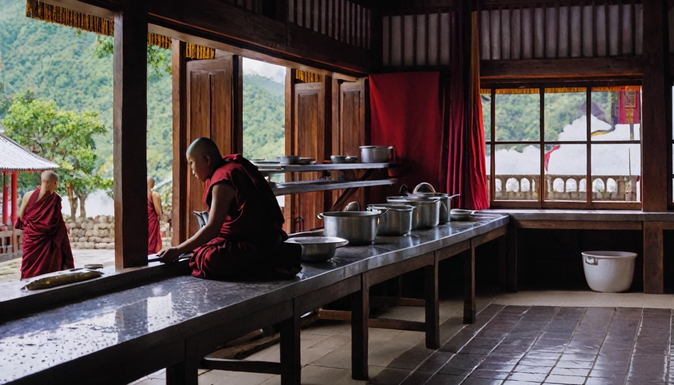 buddhist monastery, seen from inside, monastery kitchen, a monk washing dishes