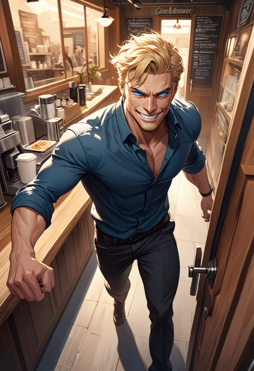 detailed illustration ,dynamic angle, ultra-detailed, detailed eyes, detailed face, 1man, blonde, tall, blue eyes, door, walking in, coffee shop, smirk, strong, russian, tough