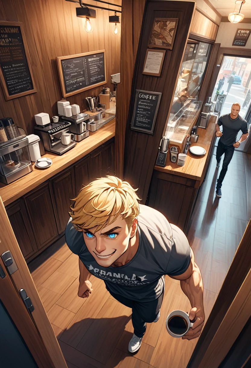 detailed illustration ,dynamic angle, ultra-detailed, detailed eyes, detailed face, 1man, blonde, tall, blue eyes, door, walking in, coffee shop, smirk, strong, russian, tough